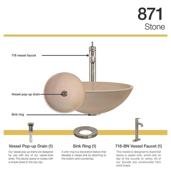 MR Direct 871 Sandstone Vessel Sink Ensemble with Chrome Finish 731 Faucet, Pop-up Drain, and Sink Ring