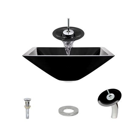 603 Black Dark Colored Glass Vessel Sink, with Chrome Vessel Faucet, Sink Ring, and Vessel Pop-up Drain