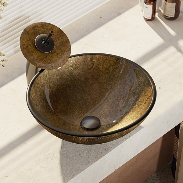 Foil Undertone Glass Vessel Sink with Waterfall Faucet, Sink Ring, and Pop-up Drain