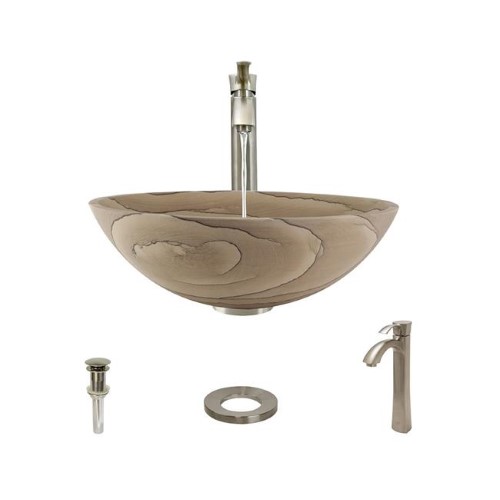852 Wood Sandstone Vessel Sink with Faucet, Sink Ring, and Pop-up Drain in Brushed Nickel