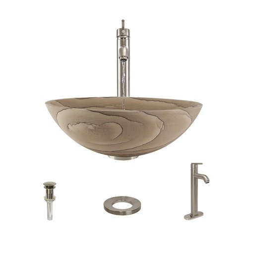 852 Wood Sandstone Vessel Sink with Faucet, Sink Ring, and Pop-up Drain in Brushed Nickel