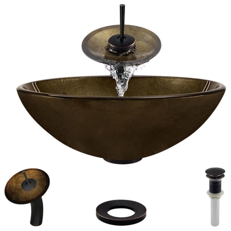 Foil Undertone Glass Vessel Sink with Waterfall Faucet, Sink Ring, and Pop-up Drain
