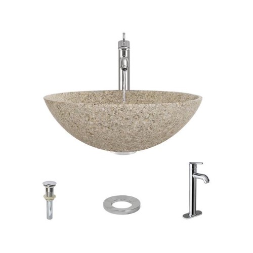 850-Tan Granite Vessel Sink with Faucet, Sink Ring, and Pop-up Drain in Chrome