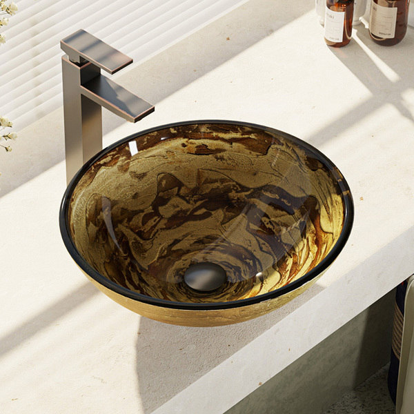R5-5029-R9-7003 Foil Undertone Glass Vessel Sink with Faucet, Sink Ring, and Pop-up Drain