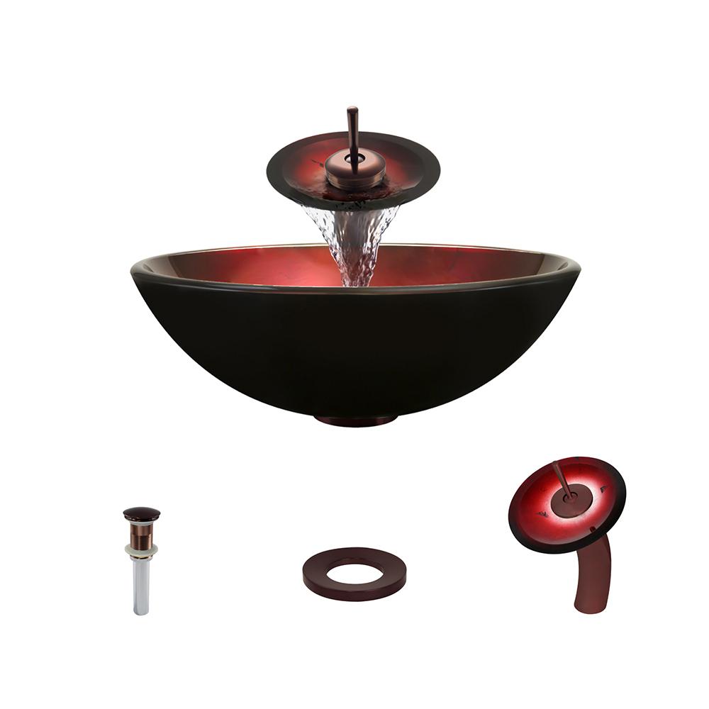 607 Foil Undertone Glass Vessel Sink, with Oil-Rubbed Bronze Vessel Faucet, Sink Ring, and Vessel Pop-up Drain