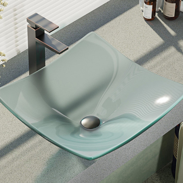 R5-5021-R9-7003 Frosted Glass Vessel Bathroom Sink with Faucet, Sink Ring, and Pop-up Drain (Antique/Bronze Finish)