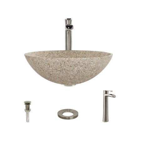 850-Tan Granite Vessel Sink with Faucet, Sink Ring, and Pop-up Drain in Brushed Nickel