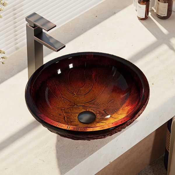 R5-5018-R9-7003 Red Lava Glass Bathroom Sink with Faucet, Sink Ring, and Pop-up Drain