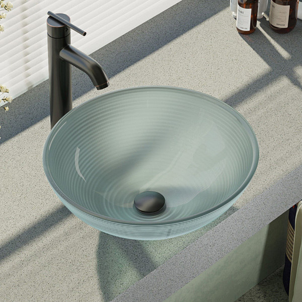 R5-5034-R9-7001 Foil Undertone Glass Vessel Sink with Faucet, Sink Ring, and Pop-up Drain