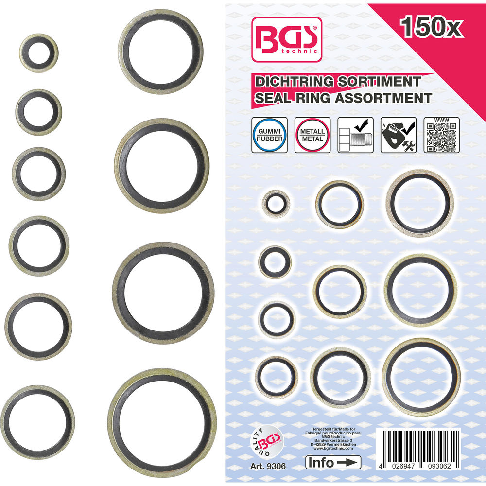 BGS Technic Dichtring-Sortiment Metall Mit Gummi-Dichtwulst 150-tlg.