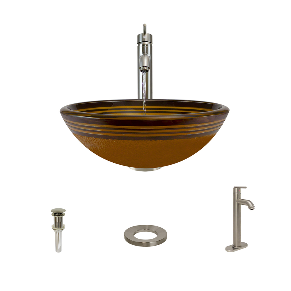 615 Glass Sink, Brushed Nickel Faucet, Sink Ring, and Pop-up Drain