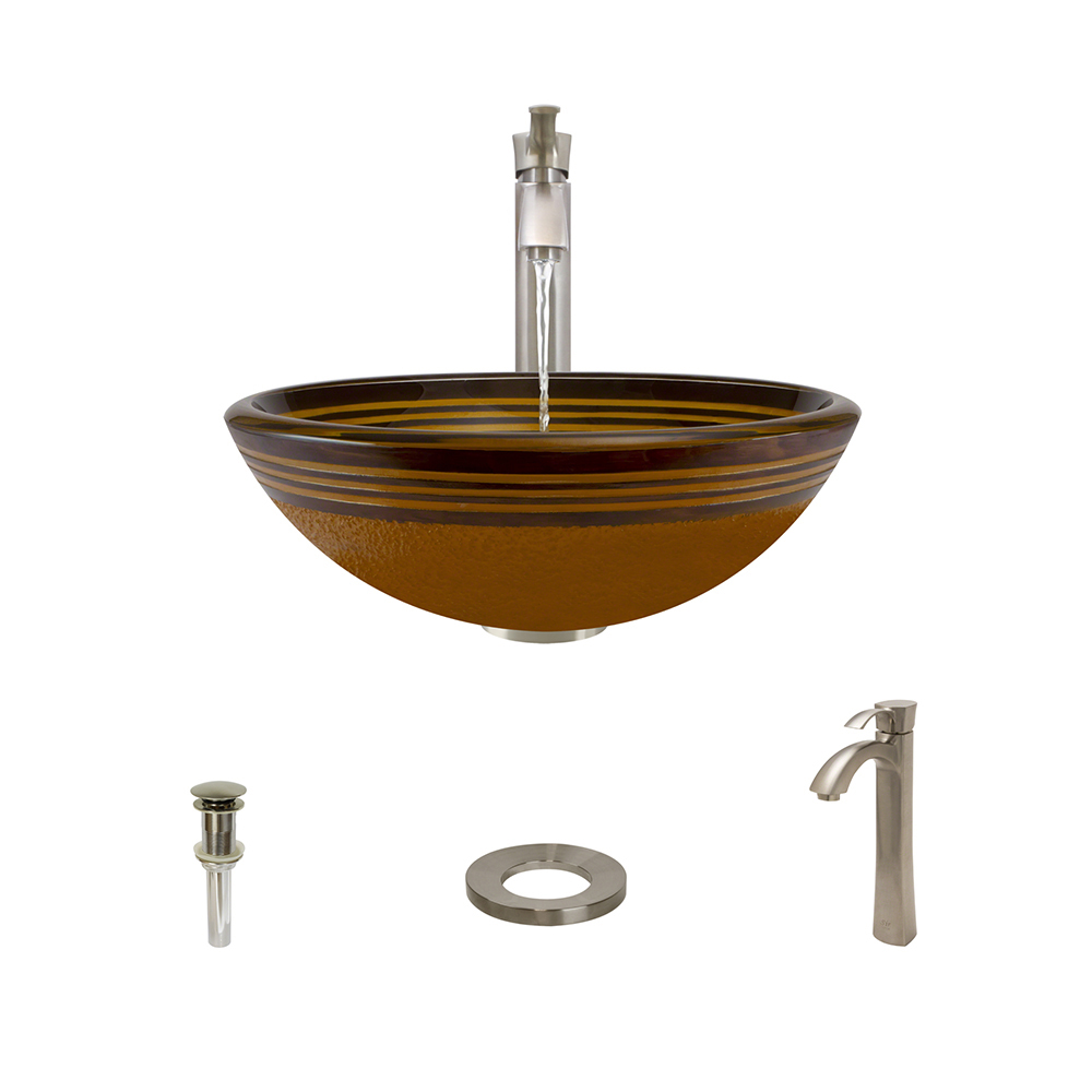 615 Glass Sink, Brushed Nickel Faucet, Sink Ring, and Pop-up Drain