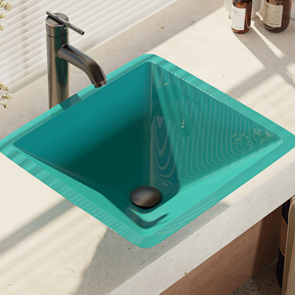R5-5003-CER-R9-7001 Cerulean Colored Glass Vessel Sink with Faucet, Sink Ring, and Pop-up Drain