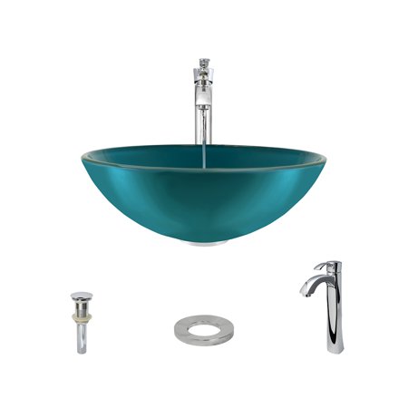 601 Turquoise Colored Glass Vessel Sink, with Chrome Vessel Faucet, Sink Ring, and Vessel Pop-up Drain