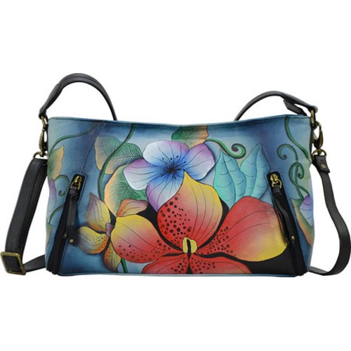 Women's Anna by Anuschka Hand Painted Wide Crossbody Satchel 8306, Size: Osfa, Midnight Floral