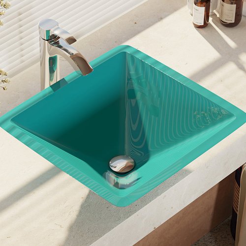R5-5003-CER-R9-7006 Cerulean Colored Glass Vessel Sink with Faucet, Sink Ring, and Pop-up Drain