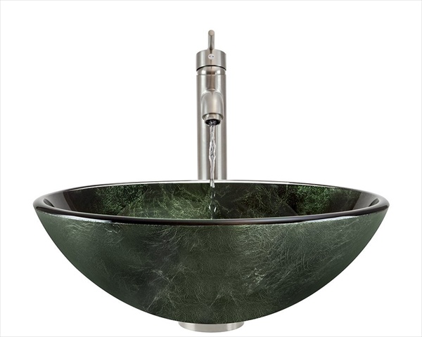 629 Forest Green Glass Vessel Bathroom Sink, with Brushed Nickel Vessel Faucet, Sink Ring, and Vessel Pop-up Drain