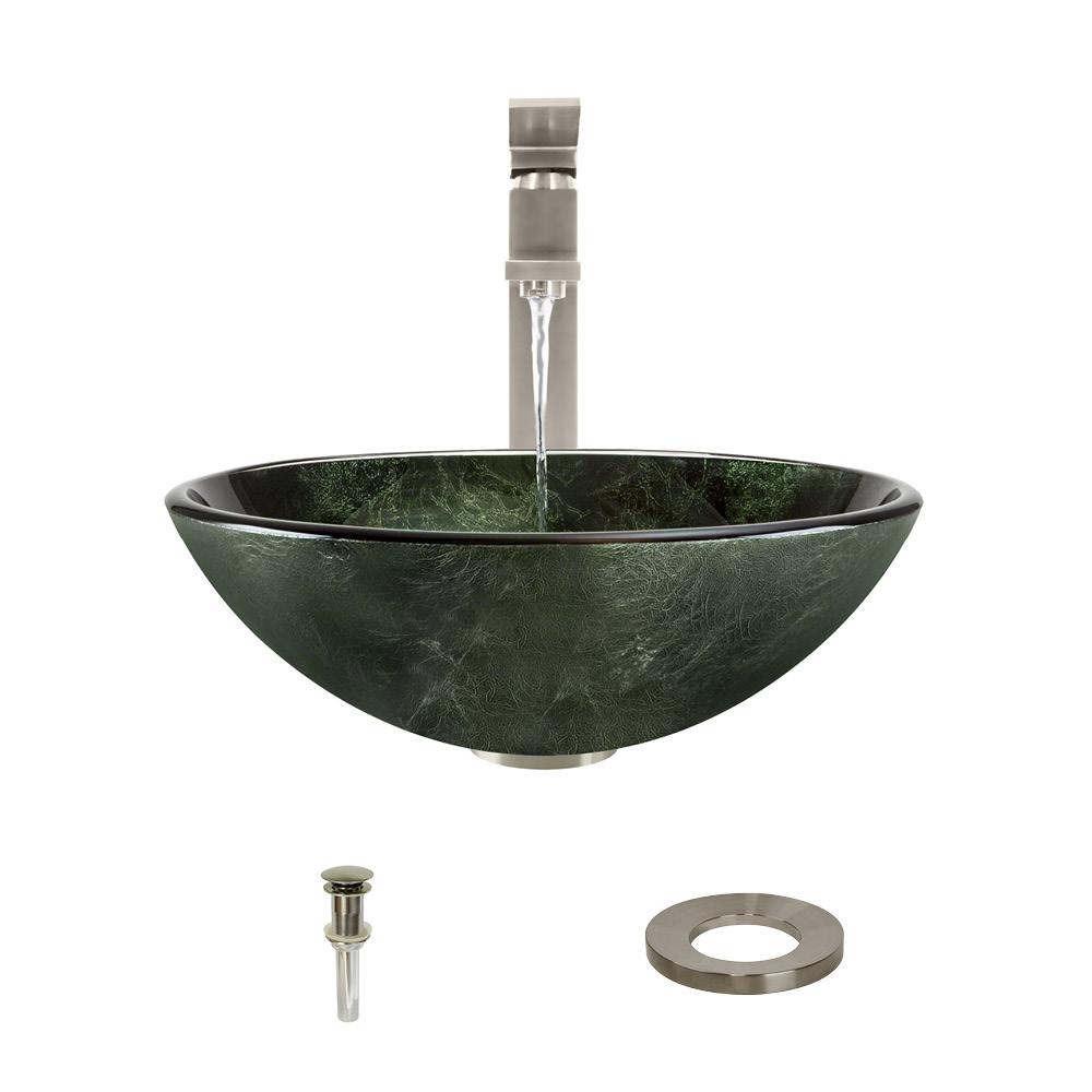 629 Forest Green Glass Vessel Bathroom Sink, with Brushed Nickel Vessel Faucet, Sink Ring, and Vessel Pop-up Drain