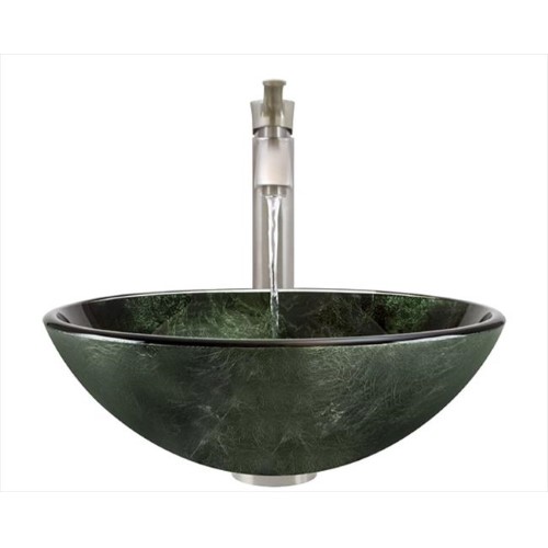 629 Forest Green Glass Vessel Bathroom Sink, with Brushed Nickel Vessel Faucet, Sink Ring, and Vessel Pop-up Drain