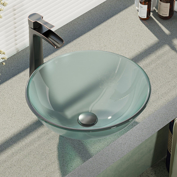 R5-5002-R9-7007 Frosted Glass Vessel Sink with Faucet, Sink Ring, and Pop-up Drain