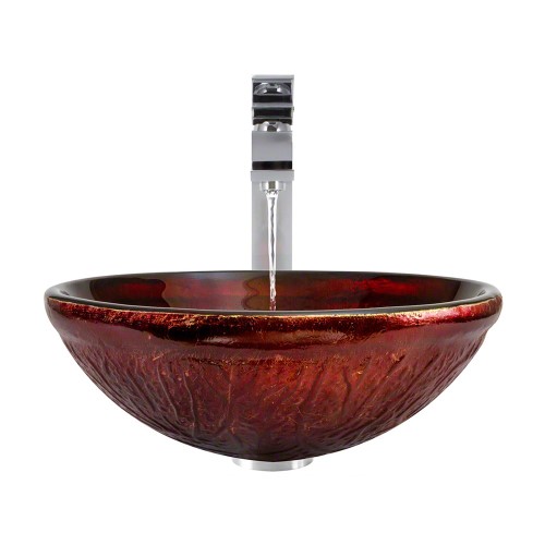 618 Red Lava Sink Glass, Chrome Vessel Faucet, Sink Ring, Pop-up Drain