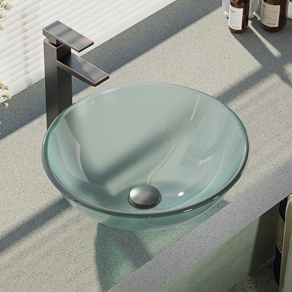 R5-5002-R9-7003 Frosted Glass Vessel Sink with Faucet, Sink Ring, and Pop-up Drain