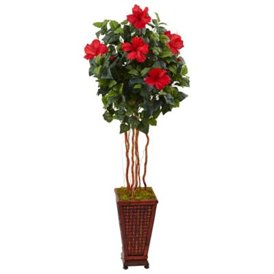 Nearly Natural 5-Foot Hibsicus Tree in Wicker-Textured Wood Planter