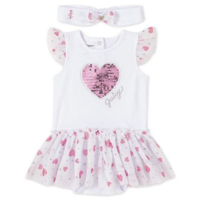 Juicy Couture Girls' Infant Bodysuits 0036 - White & Pink Heart Sequin Logo Skirted Bodysuit & Bow Headband - Infant