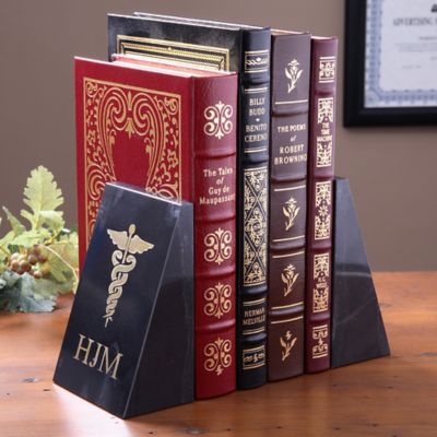 For a Treasured and Handsome Addition to Any Medical Professional's Office, Choose the Caduceus Medical Personalized Marble Bookend Set in Black.