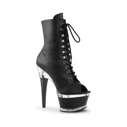 Women's Pleaser Illusion 1021 Open-Toe Bootie, Size: 10 M, Black Faux Leather/Black Matte