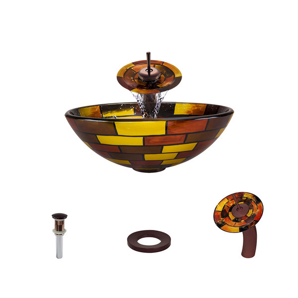 621 Stained Glass Vessel Bathroom Sink, with Oil-Rubbed Bronze Vessel Faucet, Sink Ring, and Vessel Pop-up Drain