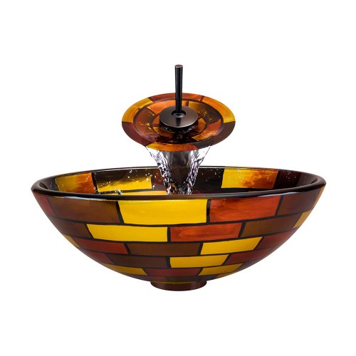 621 Stained Glass Vessel Bathroom Sink, with Oil-Rubbed Bronze Vessel Faucet, Sink Ring, and Vessel Pop-up Drain