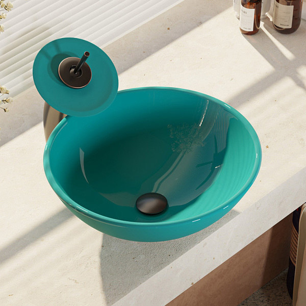 R5-5001-CER-WF Cerulean Colored Glass Vessel Sink with Waterfall Faucet, Sink Ring, and Pop-up Drain