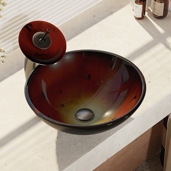 R5-5007-WF Foil Undertone Glass Vessel Sink with Waterfall Faucet, Sink Ring, and Pop-up Drain