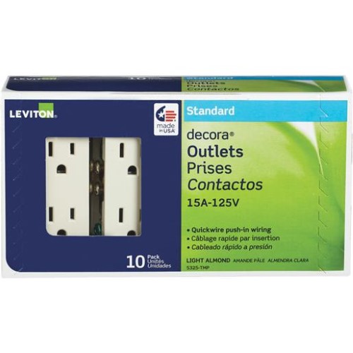 Decora 15 Amp 125 V Duplex Outlet/Receptacle, Light Almond (10-Pack) 5325-TMP