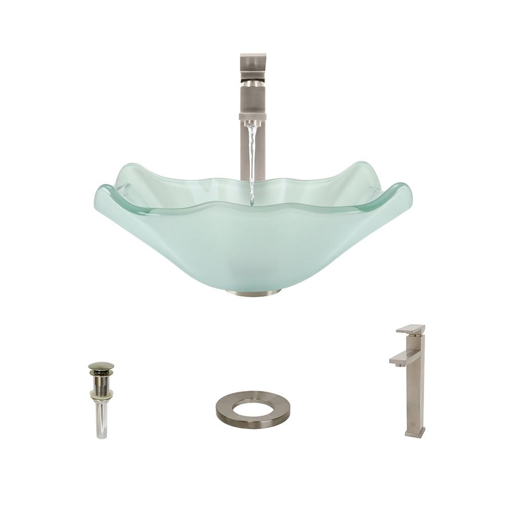 611 Frosted Glass Sink, Brushed Nickel Faucet, Sink Ring, Pop-up Drain