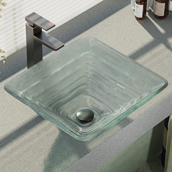 R5-5004-R9-7003 Glass Vessel Sink with Faucet, Sink Ring, and Pop-up Drain