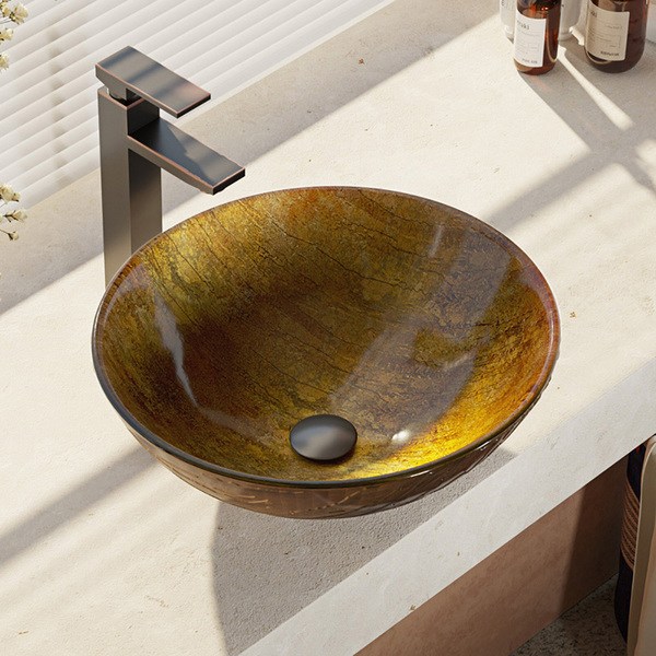 R5-5030-R9-7003 Glass Vessel Bathroom Sink with Faucet, Sink Ring, and Pop-up Drain