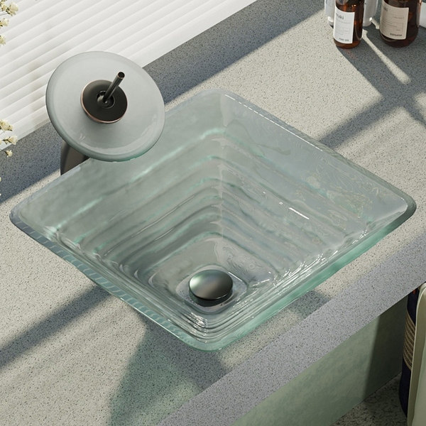 R5-5004-WF Glass Vessel Sink with Waterfall Faucet, Sink Ring, and Pop-up Drain