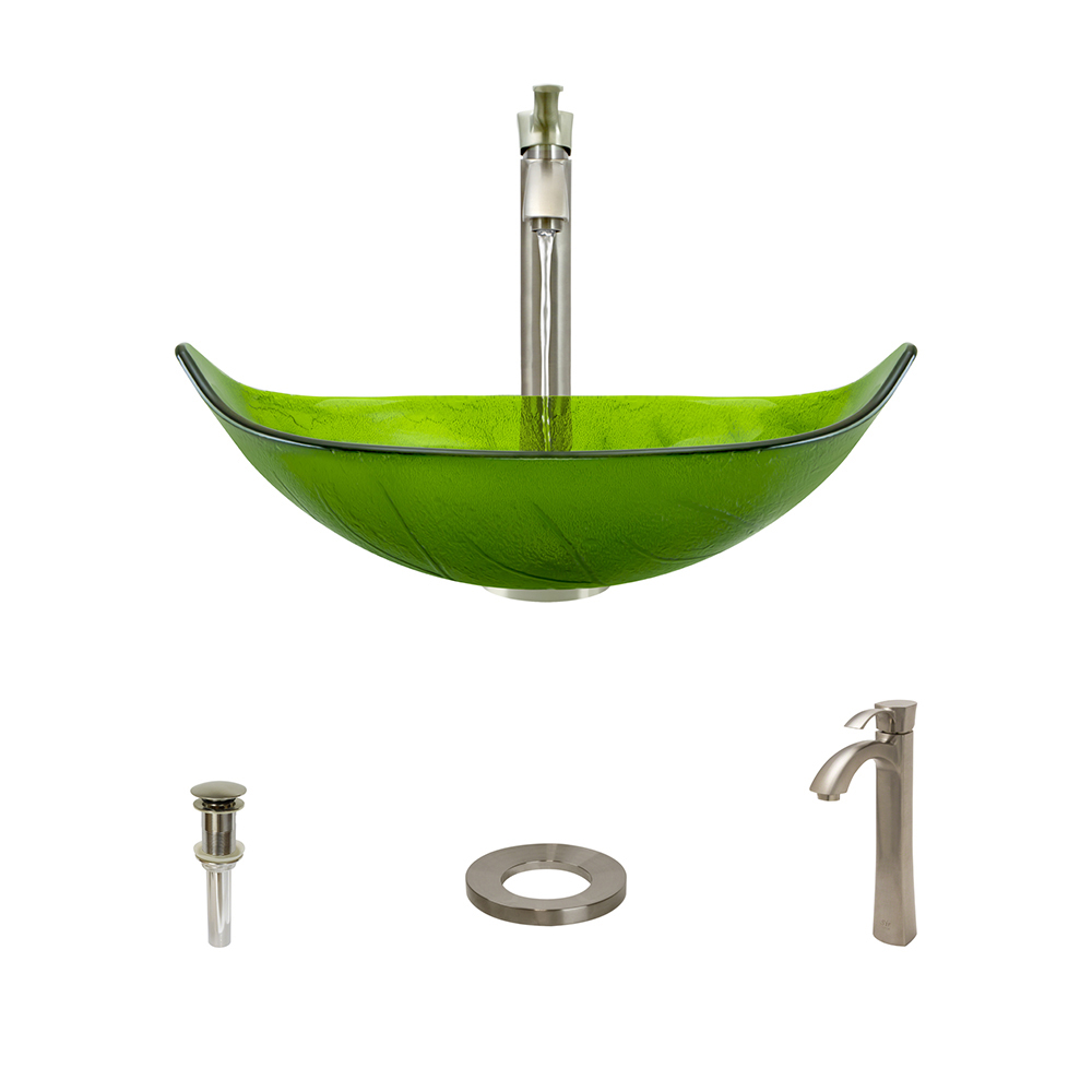609 Colored Glass Vessel Sink, Brushed Nickel Faucet, Sink Ring, Pop-up Drain