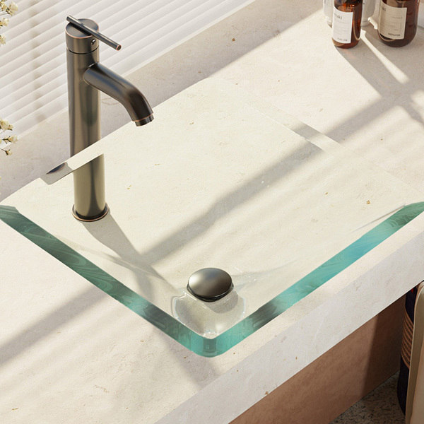 R5-5003-CRY-R9-7001 Crystal Glass Vessel Sink with Faucet, Sink Ring, and Pop-up Drain