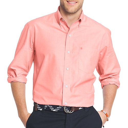 IZOD Mens Long Sleeve Essential Solid Poplin Shirt-Large,SOUR ORANGE
