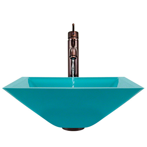 603 Turquoise Colored Glass Vessel Sink, with Oil-Rubbed Bronze Vessel Faucet, Sink Ring, and Vessel Pop-up Drain