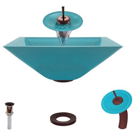 MR Direct 603 Turquoise Colored Glass Vessel Sink, with Oil-Rubbed Bronze Vessel Faucet, Sink Ring, and Vessel Pop-up Drain