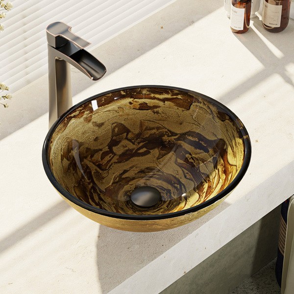 R5-5029-R9-7007 Foil Undertone Glass Vessel Sink with Faucet, Sink Ring, and Pop-up Drain