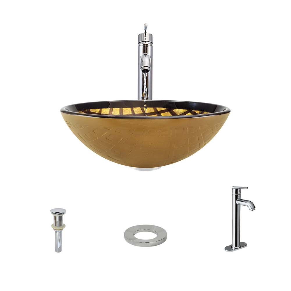 635 Foil Undertone Glass Vessel Sink, with Chrome Vessel Faucet, Sink Ring, and Vessel Pop-up Drain