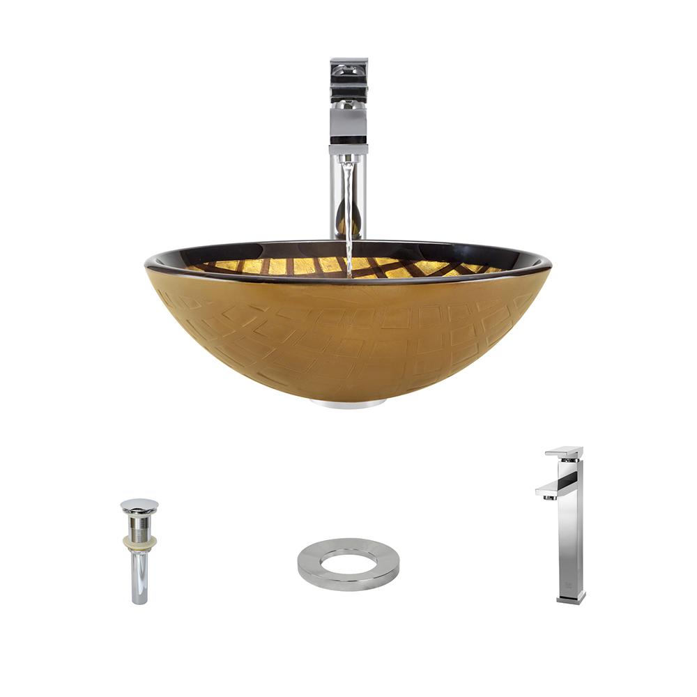 635 Foil Undertone Glass Vessel Sink, with Chrome Vessel Faucet, Sink Ring, and Vessel Pop-up Drain
