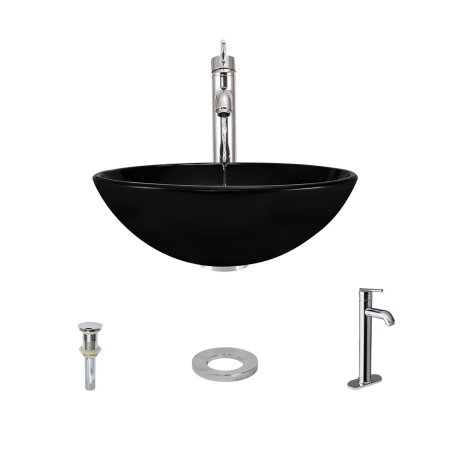 601 Black Dark Colored Glass Vessel Sink, with Chrome Vessel Faucet, Sink Ring, and Vessel Pop-up Drain