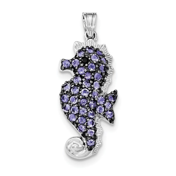 Sterling Silver Rho-plated Iolite/Black Sapp Seahorse Pend W/18