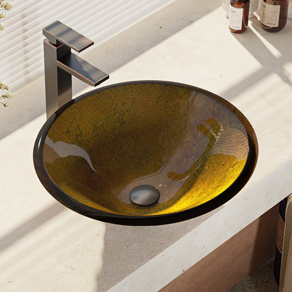R5-5013-R9-7003 Foil Undertone Glass Vessel Sink with Faucet, Sink Ring, and Pop-up Drain